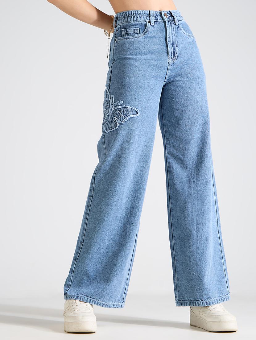 women solid high rise wide leg jean