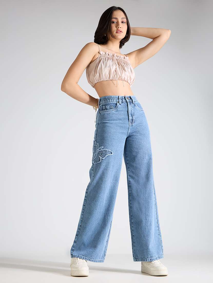 Women Solid High Rise Wide Leg Jean