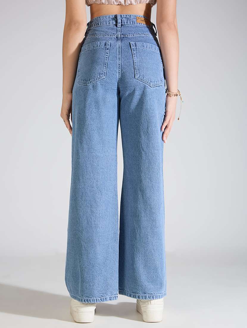 Women Solid High Rise Wide Leg Jean