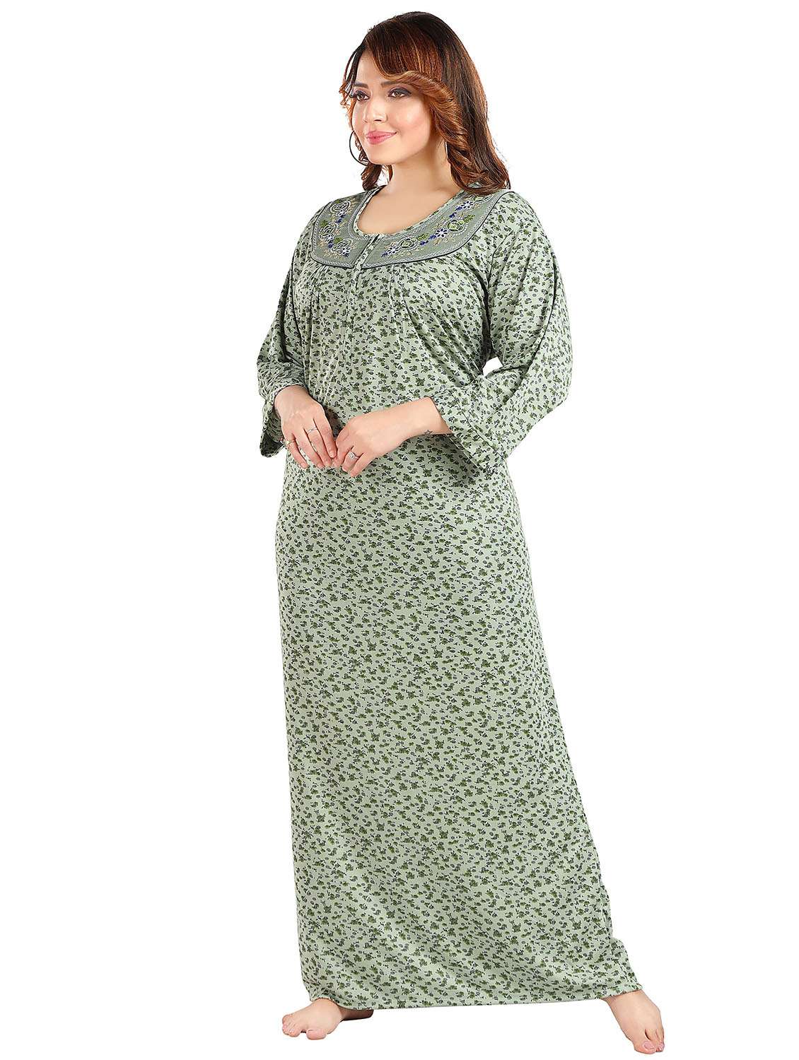 women printed three quarter sleeve nighty - 22002532 -  Standard Image - 1