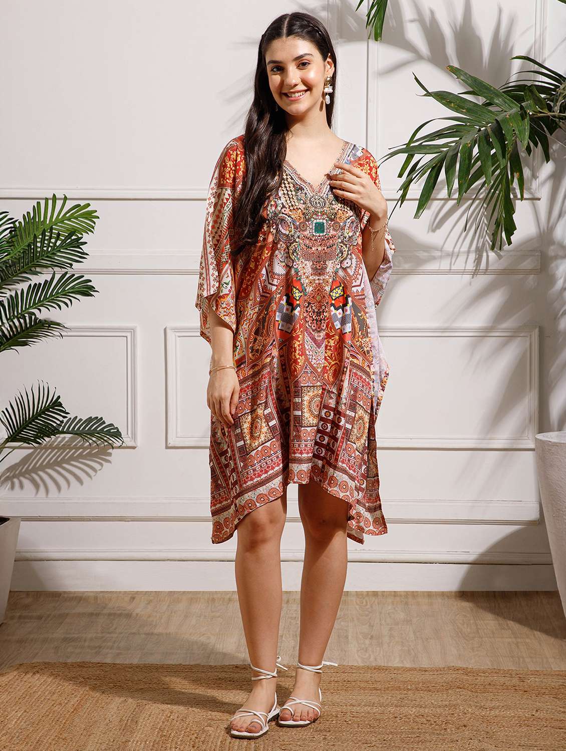 women printed kimono sleeve kaftan dress