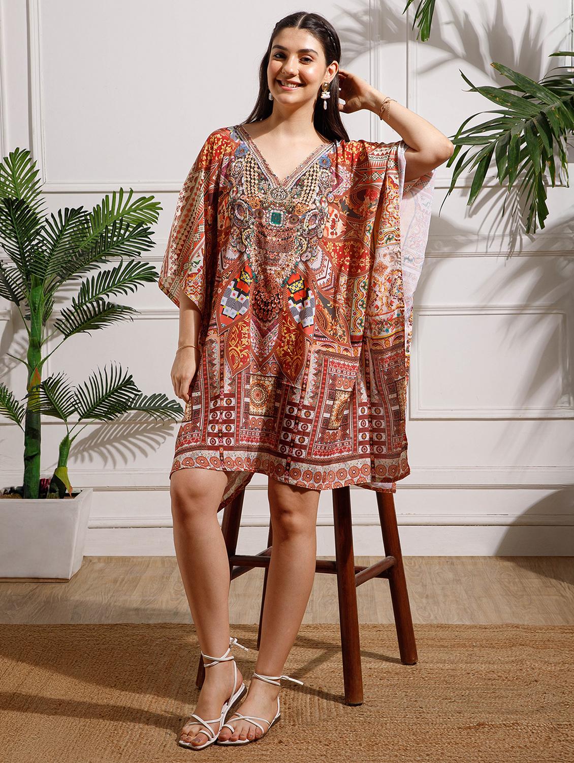 women printed kimono sleeve kaftan dress - 22002650 - Standard Image - 1