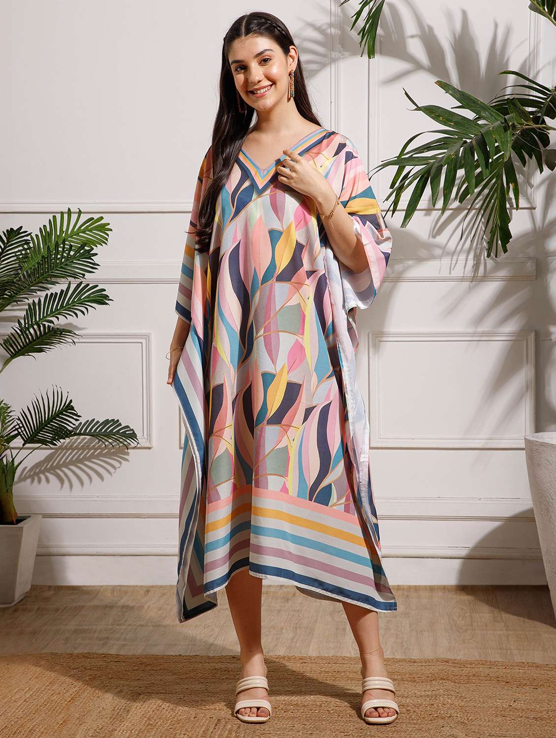 women printed kimono sleeve kaftan dress - 22002654 - Zoom Image - 0