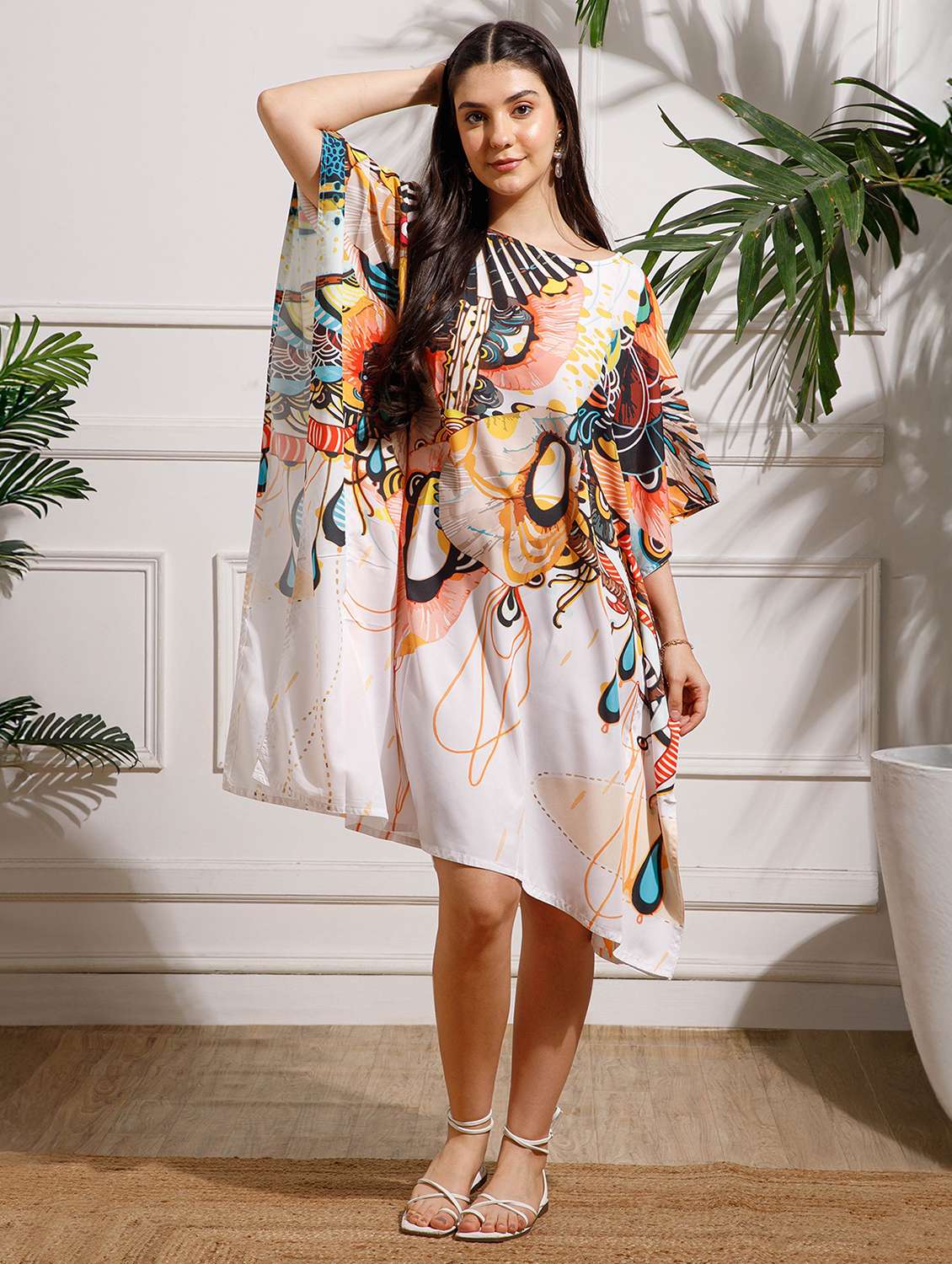 women printed kimono sleeve kaftan dress