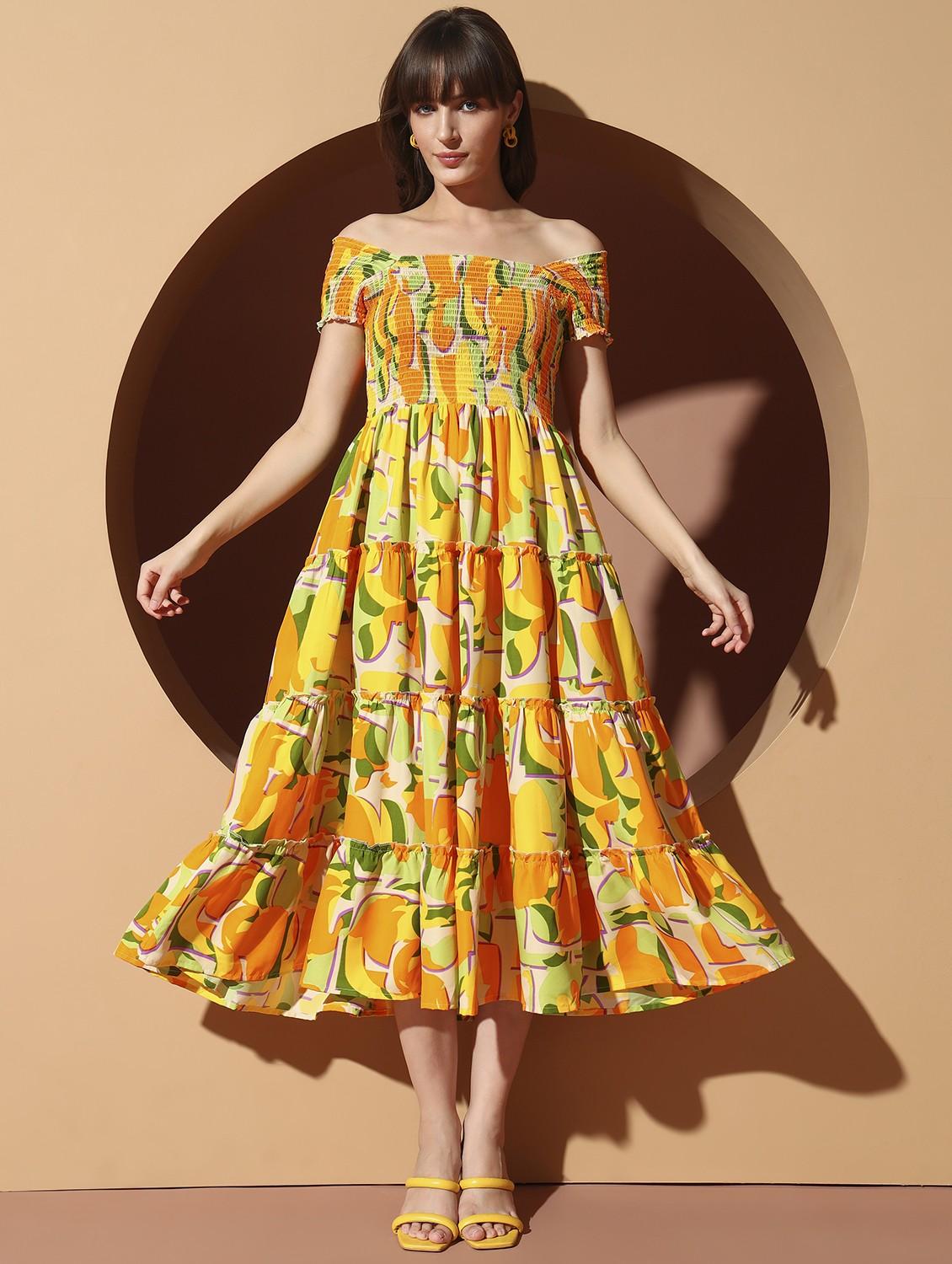 women printed off shoulder tiered dress - 22002667 -  Standard Image - 1