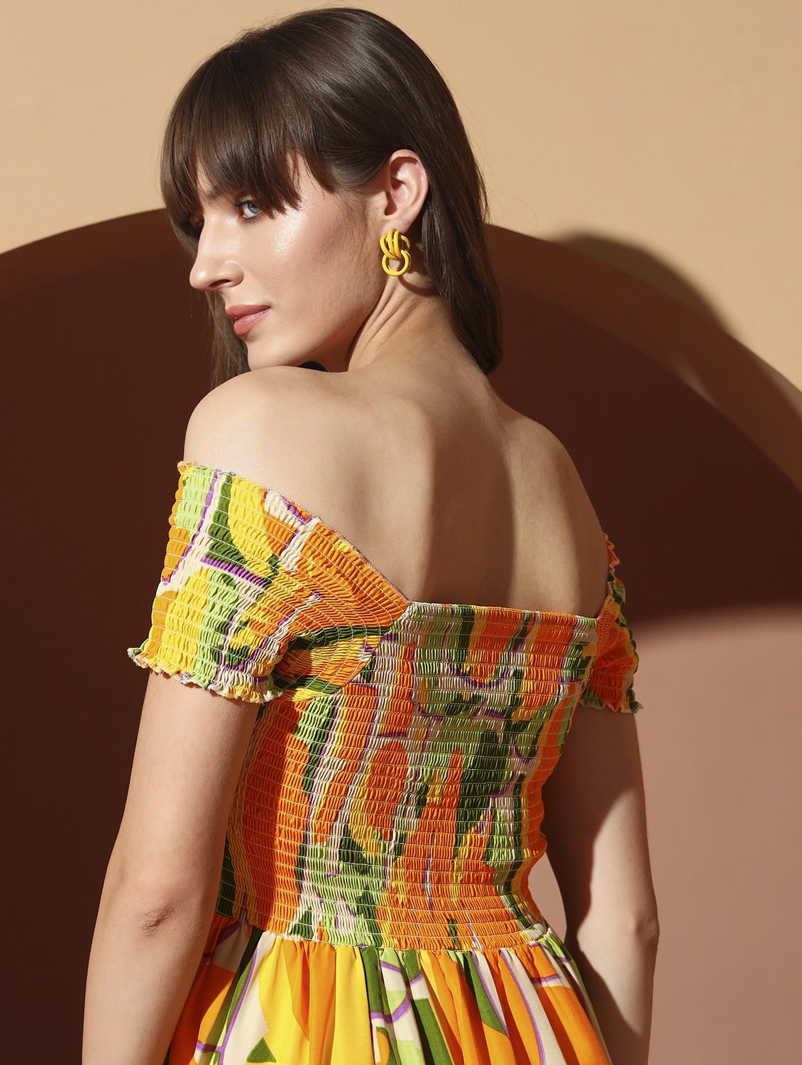women printed off shoulder tiered dress - 22002667 - Standard Image - 4
