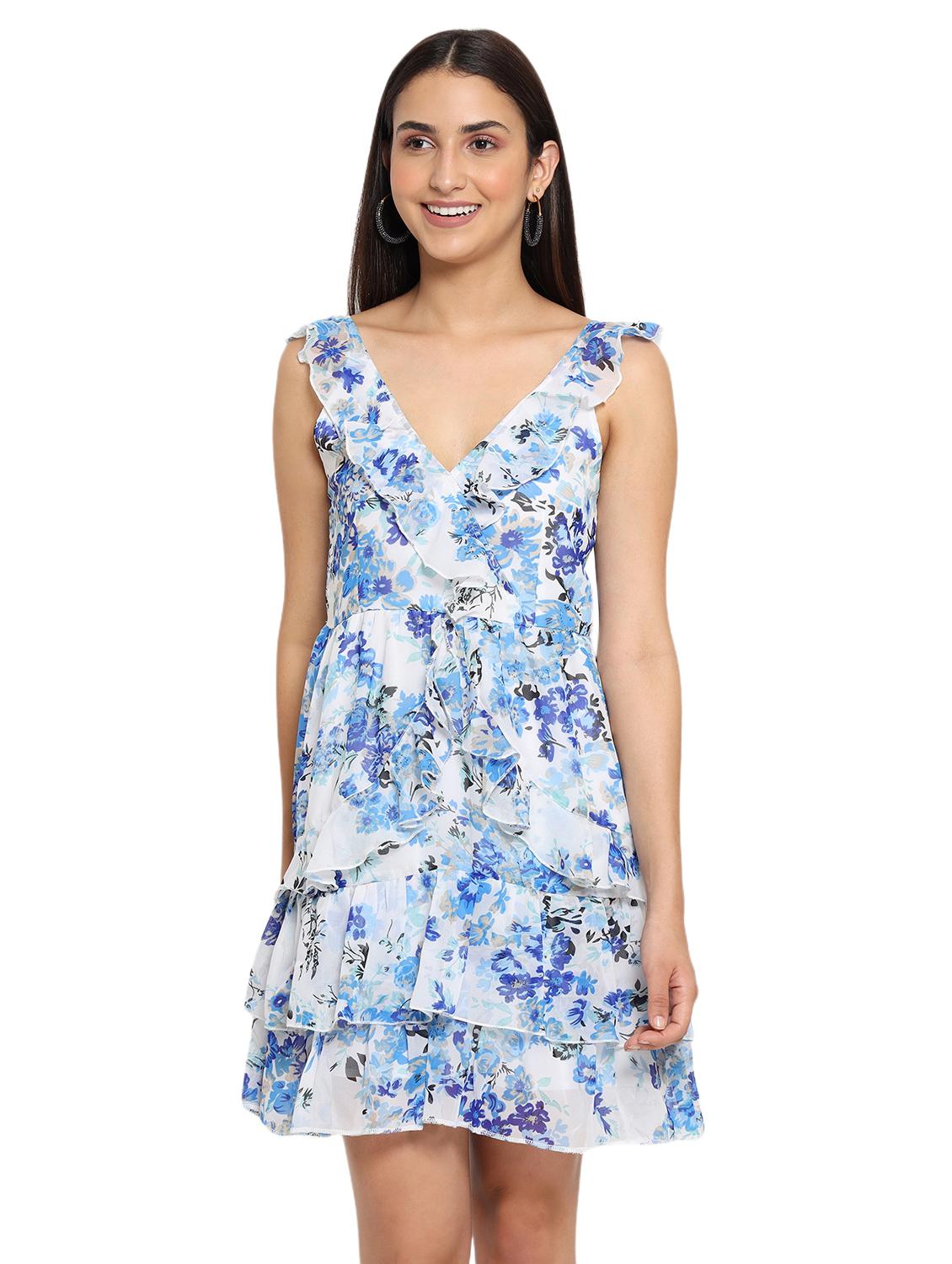 women blue floral printed sleeveless tiered dress - 22002943 - Standard Image - 1