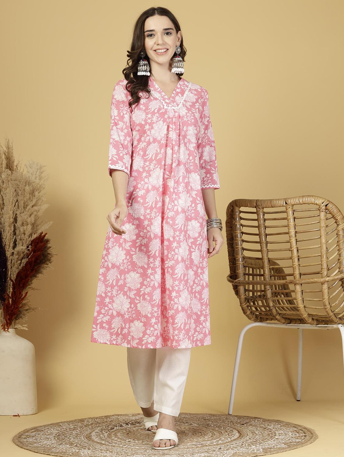 women floral printed three quarter sleeve kurta pant set - 22003634 - Standard Image - 1