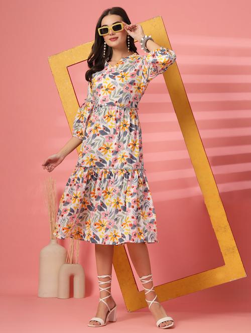 women floral printed three quarter sleeve tiered dress - 22003635 - Standard Image - 0