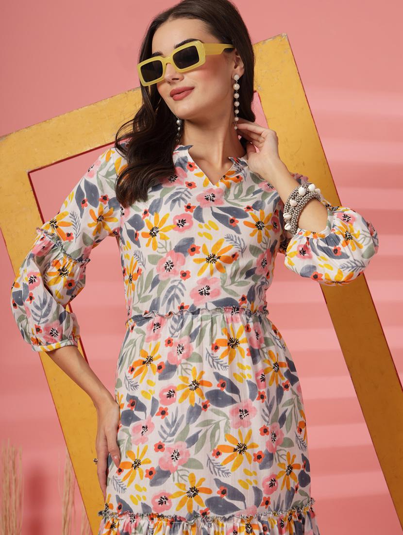 women floral printed three quarter sleeve tiered dress - 22003635 - Standard Image - 4