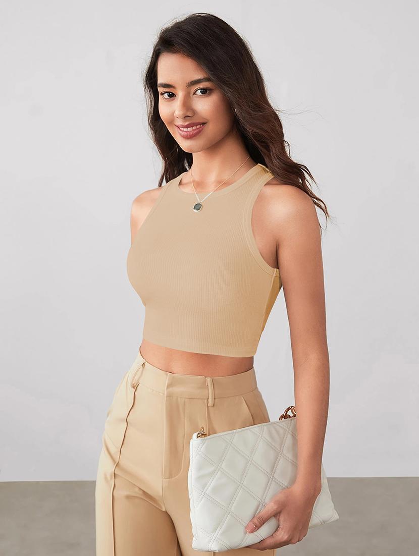 women solid sleeveless tank crop top - 22003656 -  Standard Image - 1