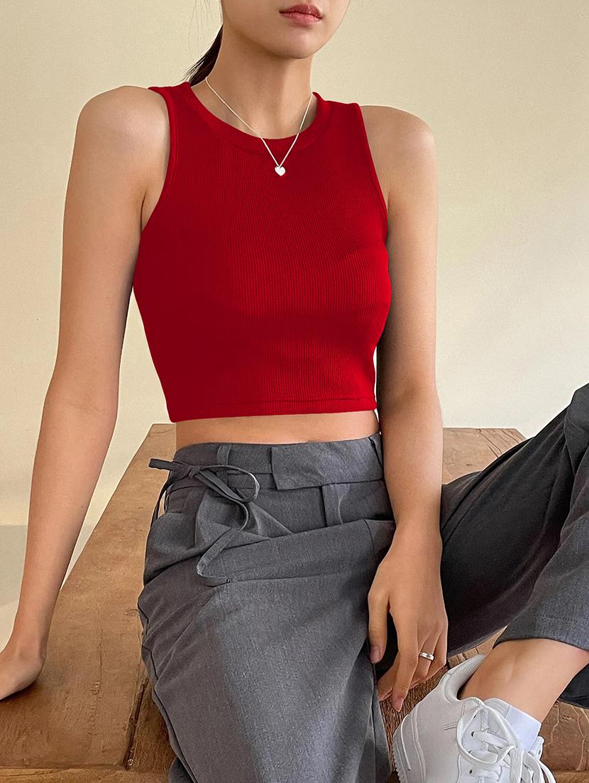 women solid sleeveless tank crop top - 22003716 -  Standard Image - 1