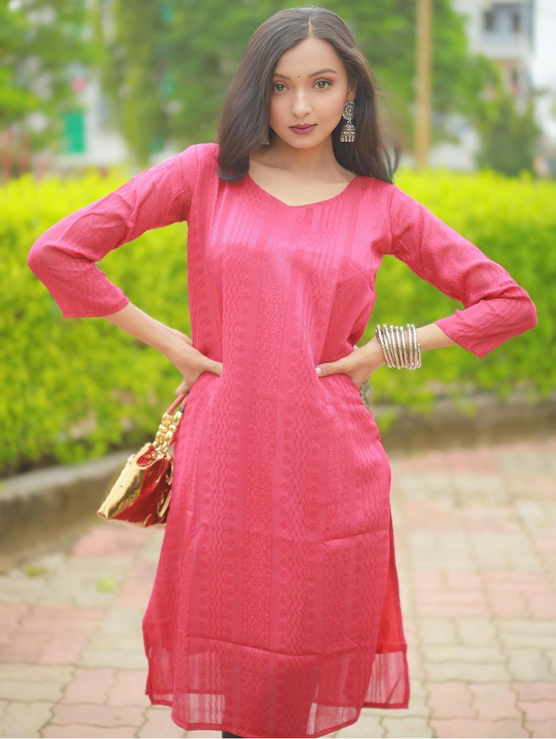 women self design three quarter sleeve straight kurta - 22003723 -  Standard Image - 1