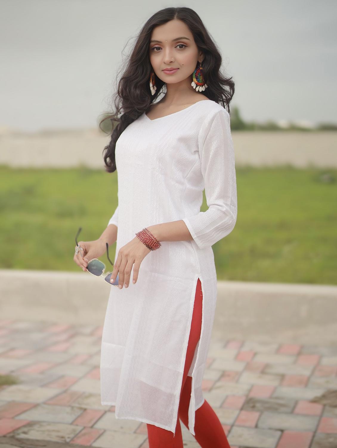 women self design three quarter sleeve straight kurta - 22003724 - Standard Image - 1