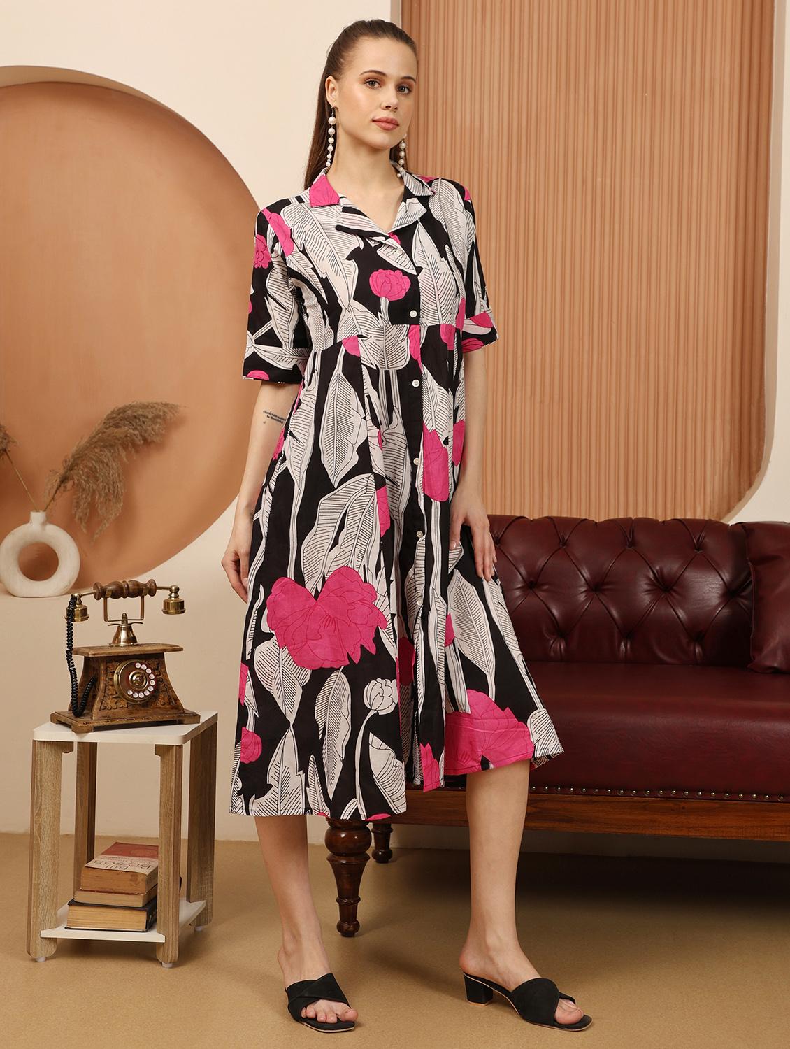 women printed lapel collar short sleeve shirt dress - 22003749 -  Zoom Image - 0