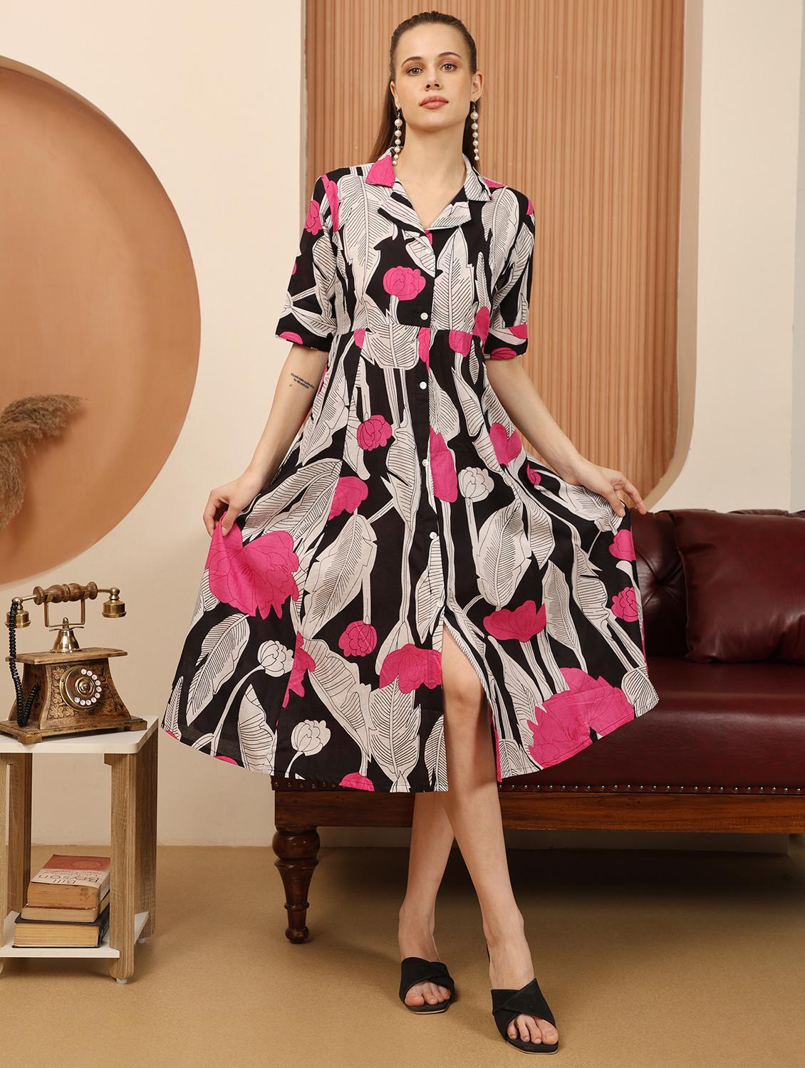 women printed lapel collar short sleeve shirt dress - 22003749 -  Standard Image - 1