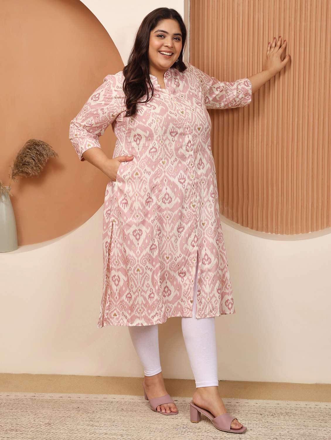 women plus size ikat printed three quarter sleeve a-line kurta - 22003768 - Standard Image - 1