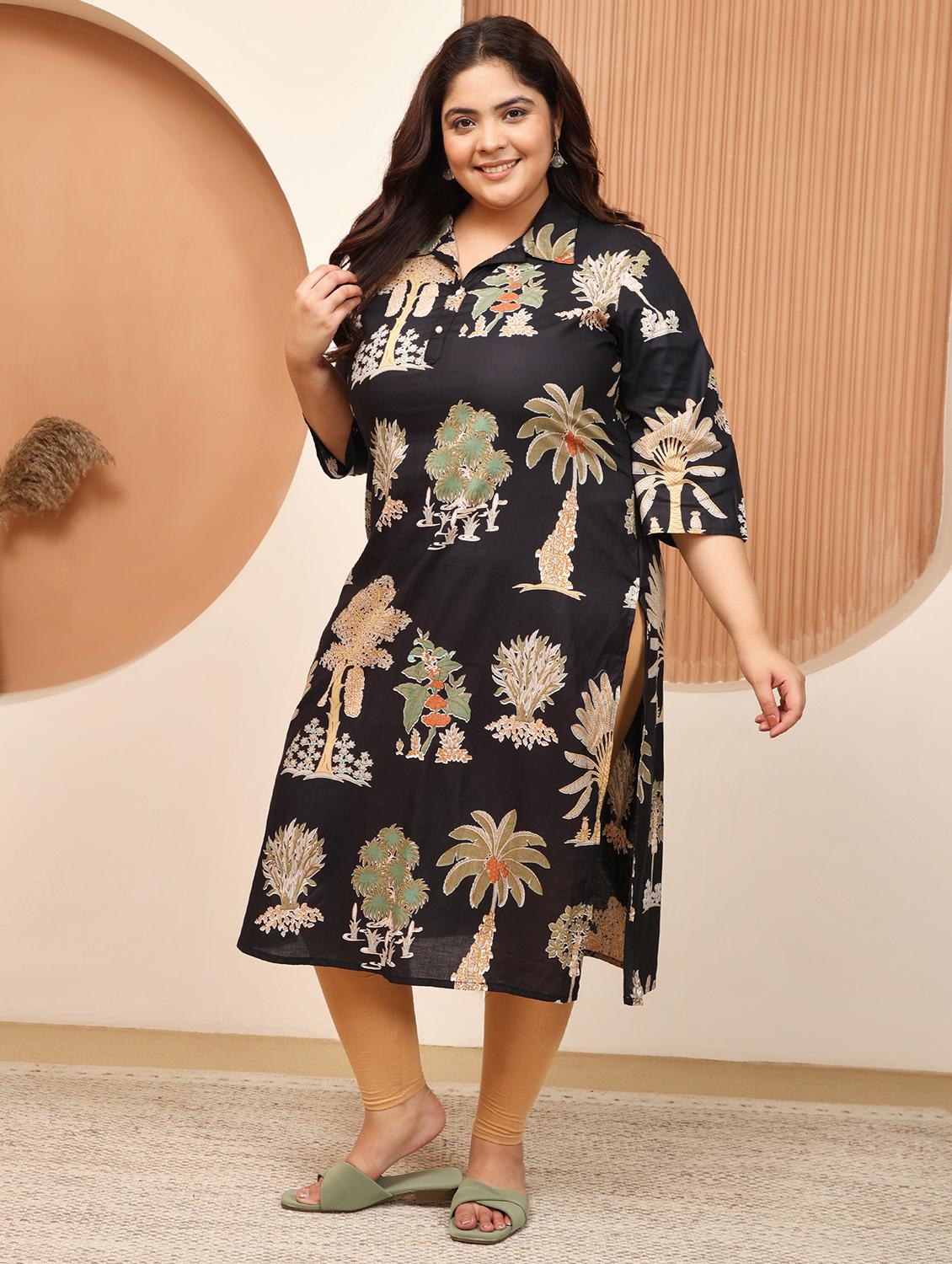 women plus size printed three quarter sleeve straight kurta - 22003771 -  Standard Image - 1