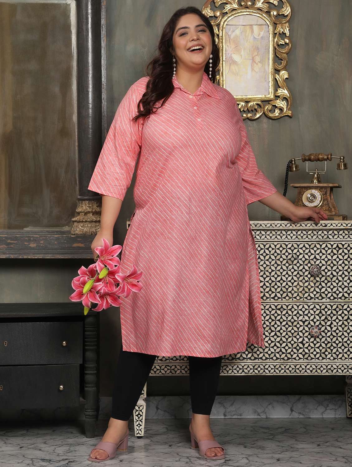 women plus size striped three quarter sleeve straight kurta - 22003776 - Standard Image - 1