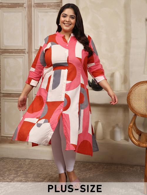 women plus size geometric printed three quarter sleeve a-line kurta - 22003781 -  Standard Image - 0
