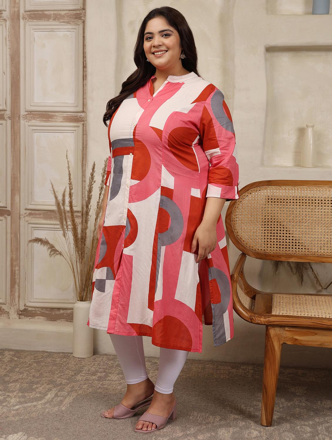 women plus size geometric printed three quarter sleeve a-line kurta - 22003781 -  Standard Image - 1