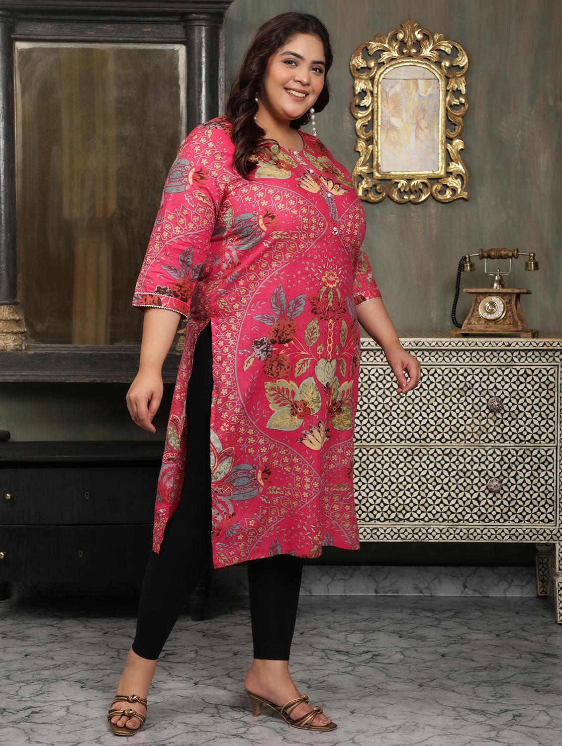 women plus size printed three quarter sleeve straight kurta - 22003785 -  Standard Image - 1