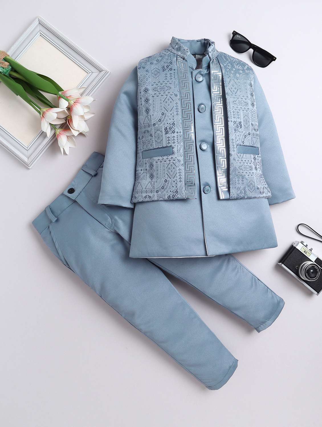 boys kurta and trouser with embroidered nehru jacket