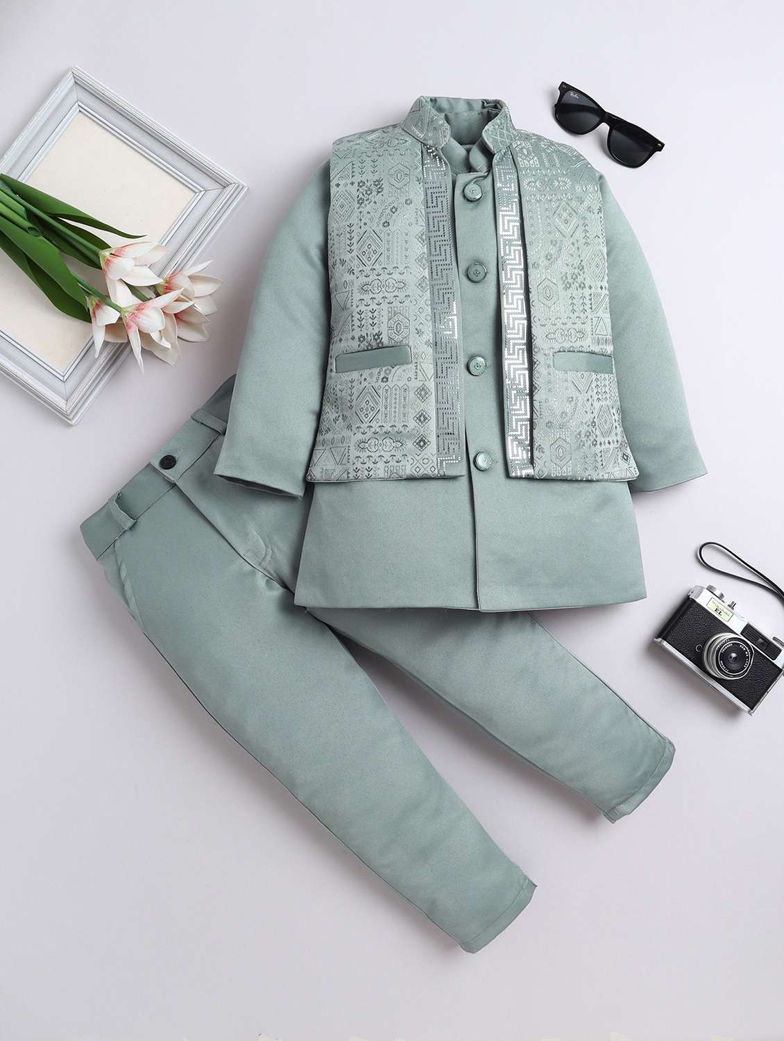 boys kurta and trouser with embroidered nehru jacket