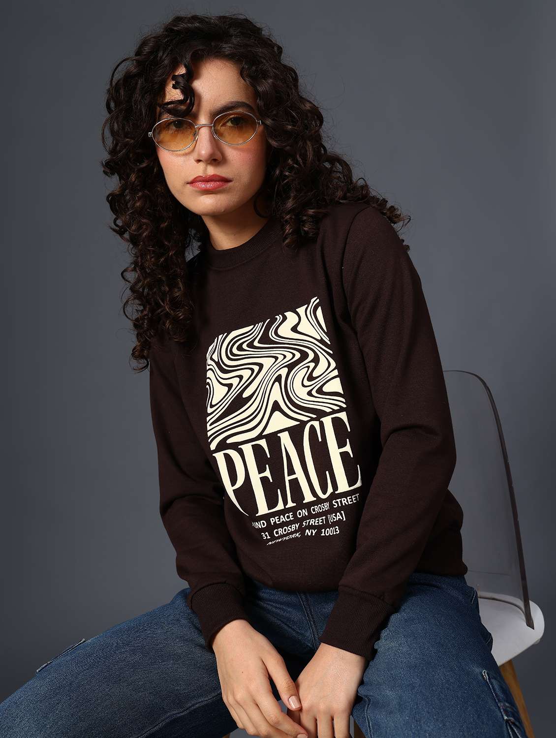 brown fleece chest print sweatshirt