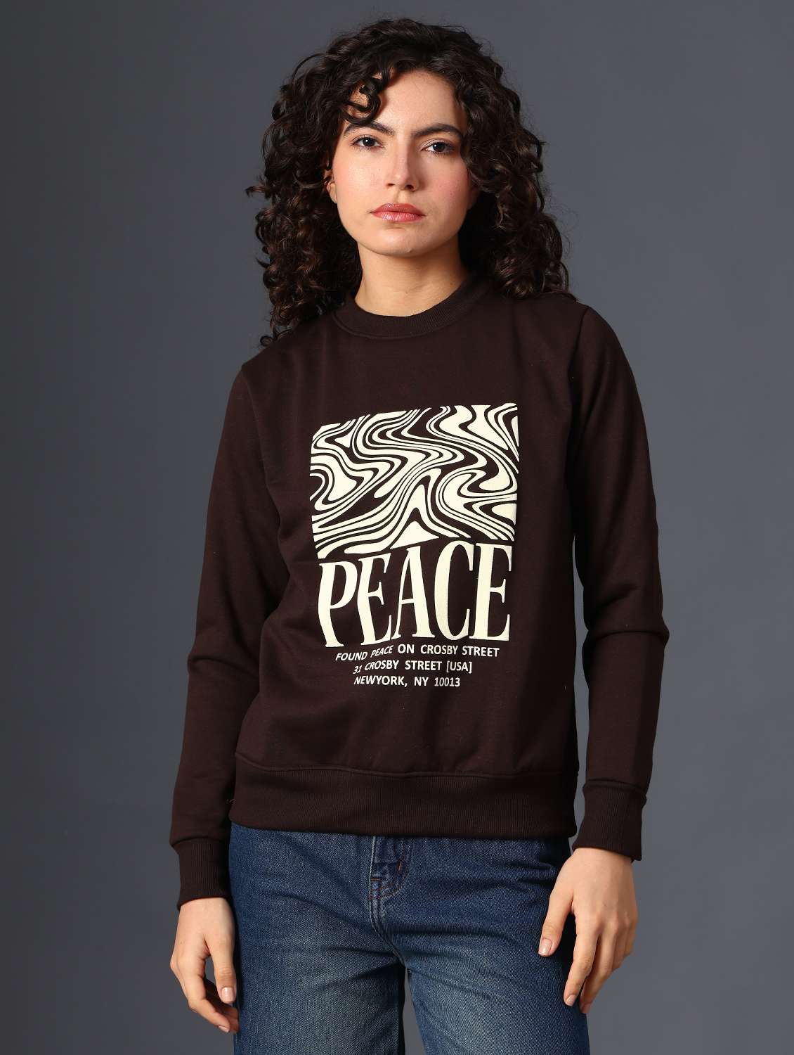 brown fleece chest print sweatshirt - 22004071 -  Standard Image - 1
