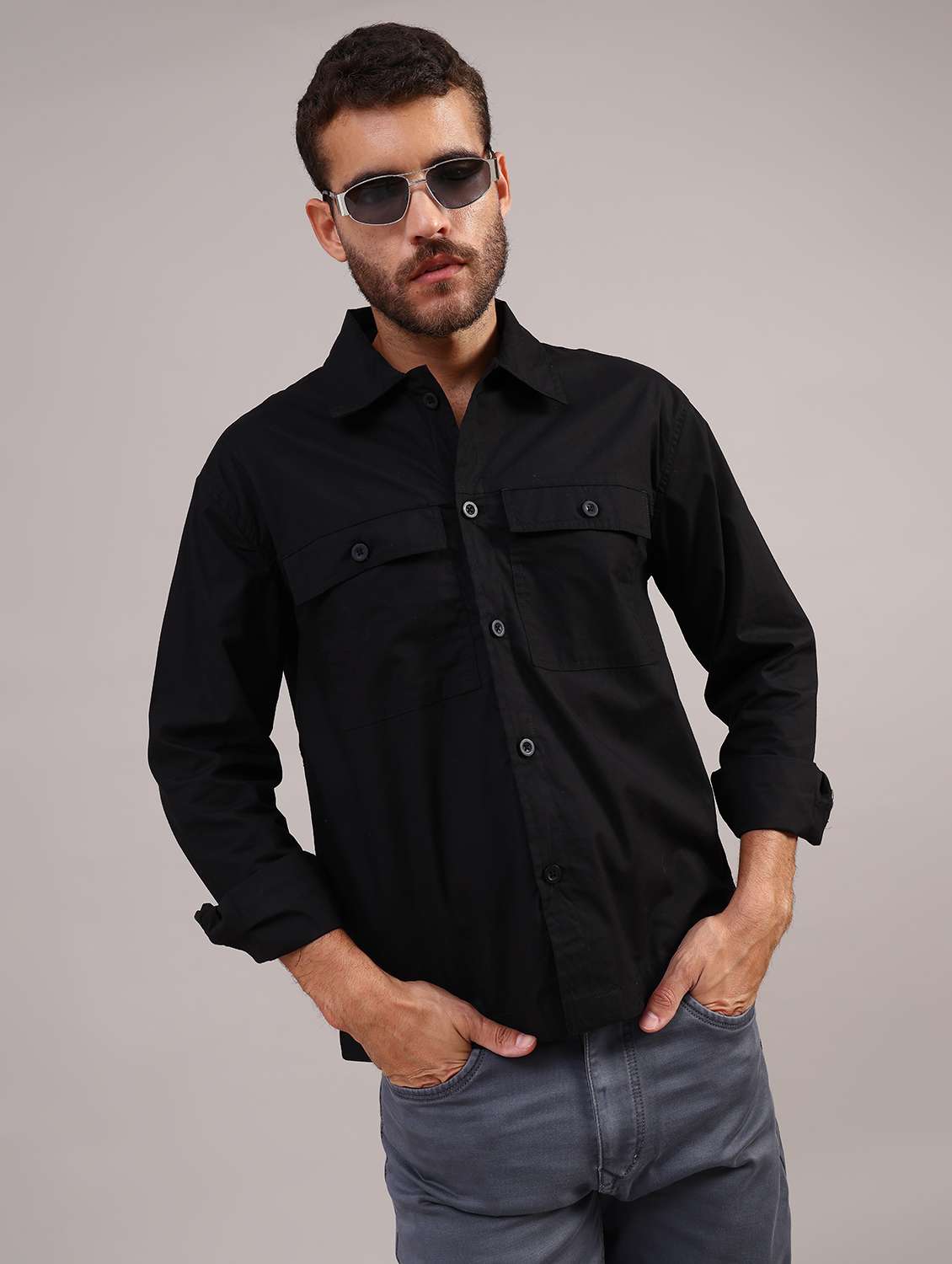 men solid collared long sleeve shirt