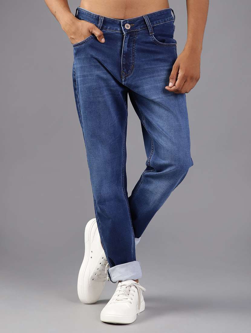 men washed mid rise full length jean