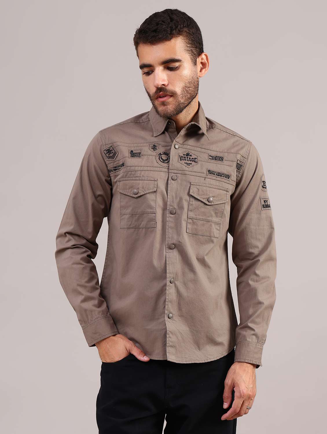 men solid collared long sleeve shirt - 22004260 -  Standard Image - 1