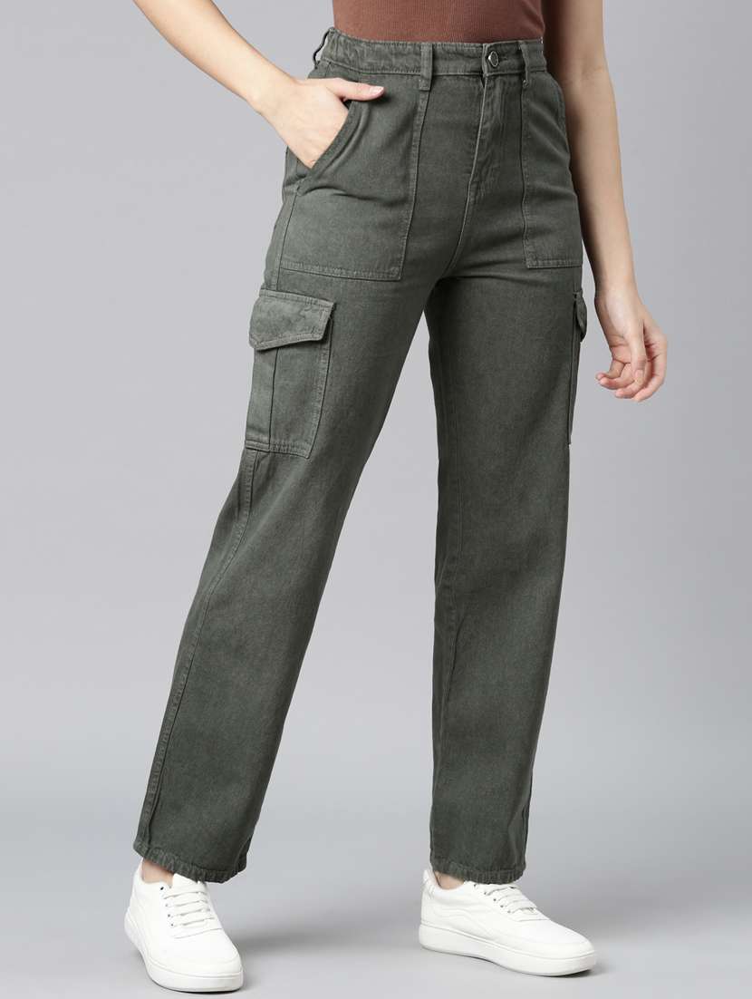 women solid high rise denim cargo - 22004347 - Standard Image - 1