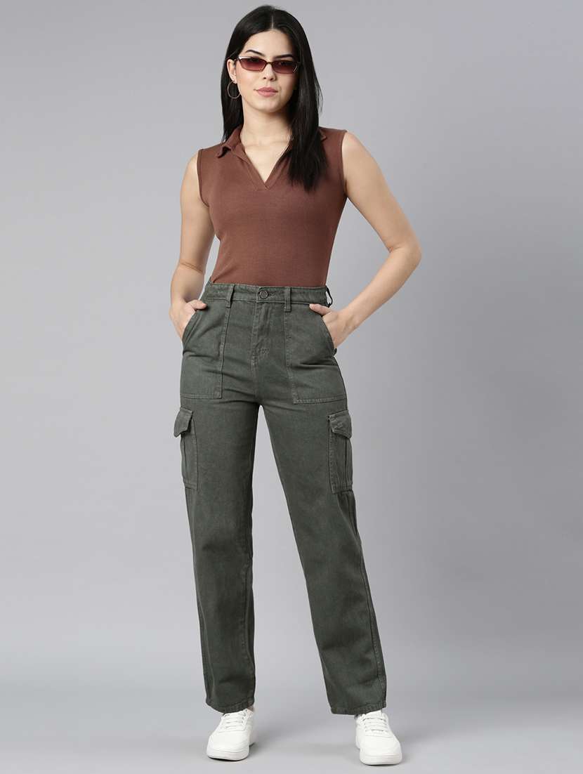 women solid high rise denim cargo - 22004347 - Standard Image - 4