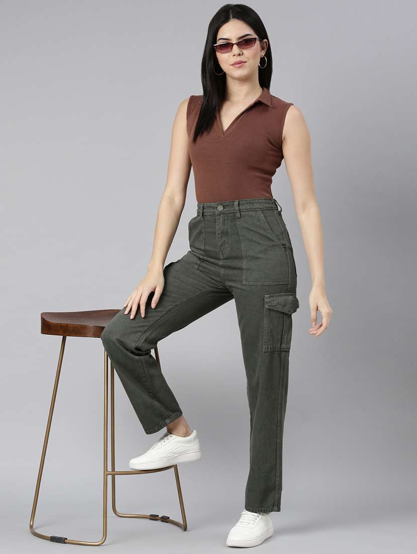 women solid high rise denim cargo - 22004347 - Standard Image - 6