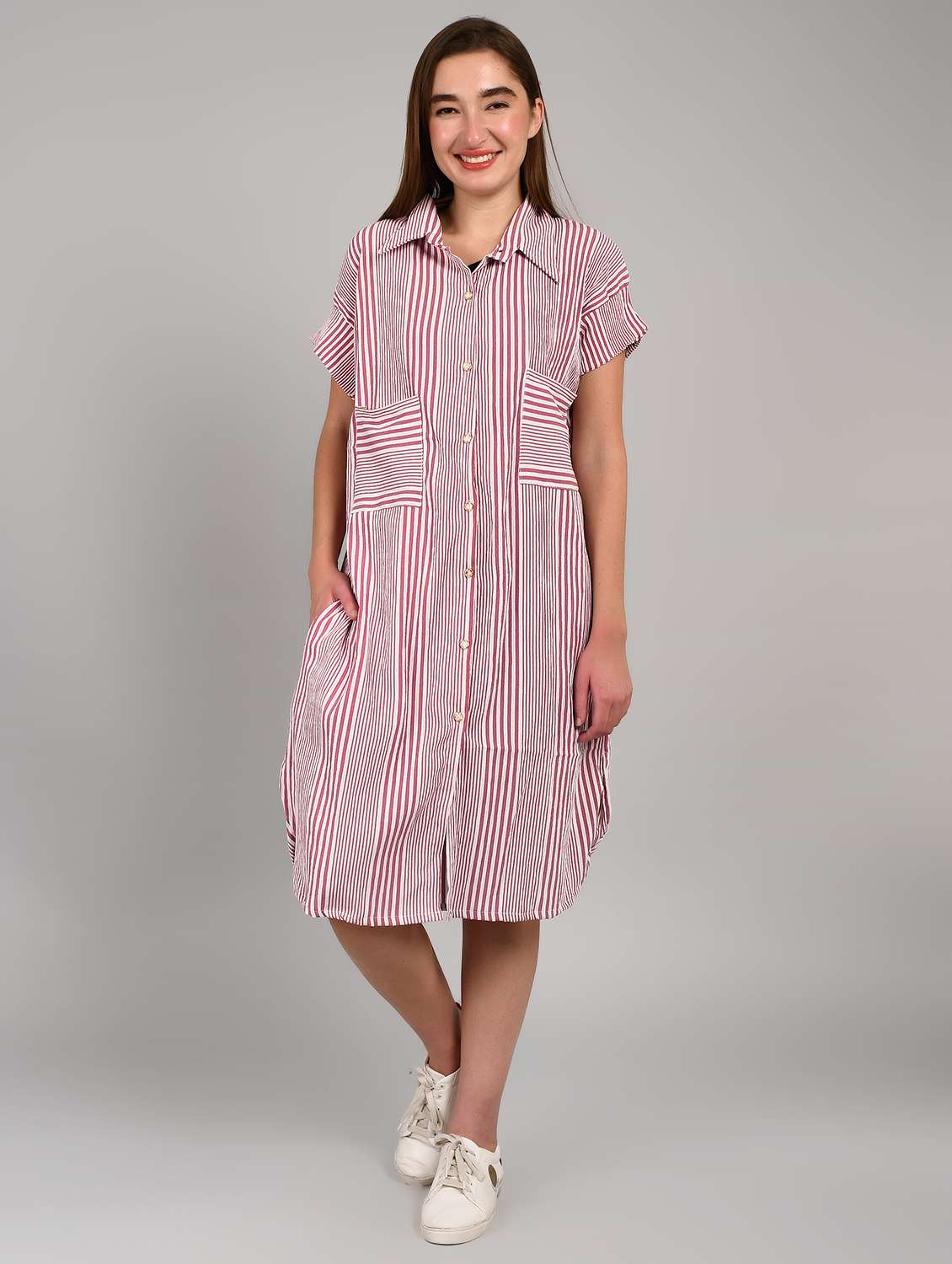 women striped short sleeve relaxed fit shirt dress - 22004435 - Standard Image - 1