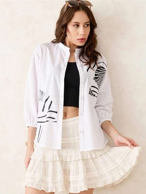 women white printed high low shirt