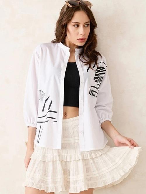 women white printed mandarin collar high low shirt - 22004453 -  Standard Image - 0