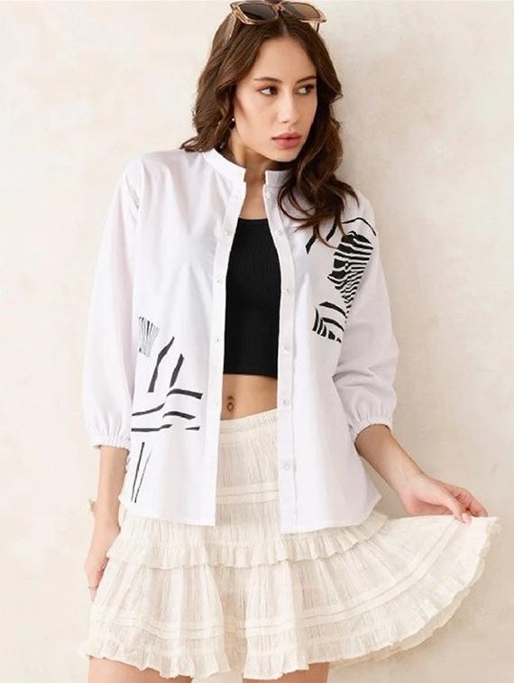 women white printed mandarin collar high low shirt - 22004453 -  Zoom Image - 0