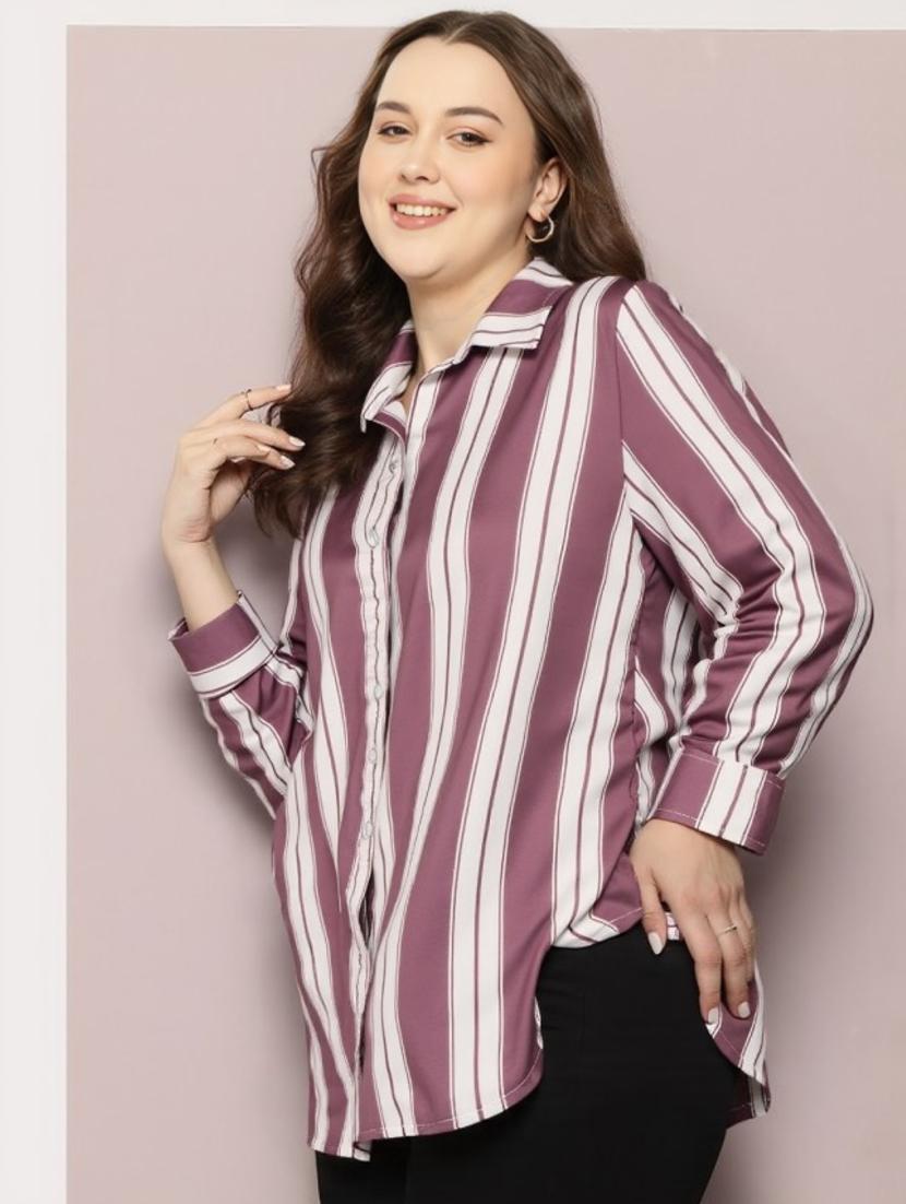 women plus size solid long sleeve collared shirt - 22004482 - Standard Image - 1