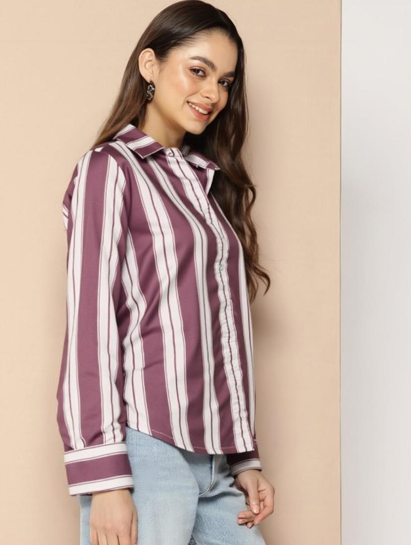 women striped long sleeve collared shirt - 22004485 - Standard Image - 1
