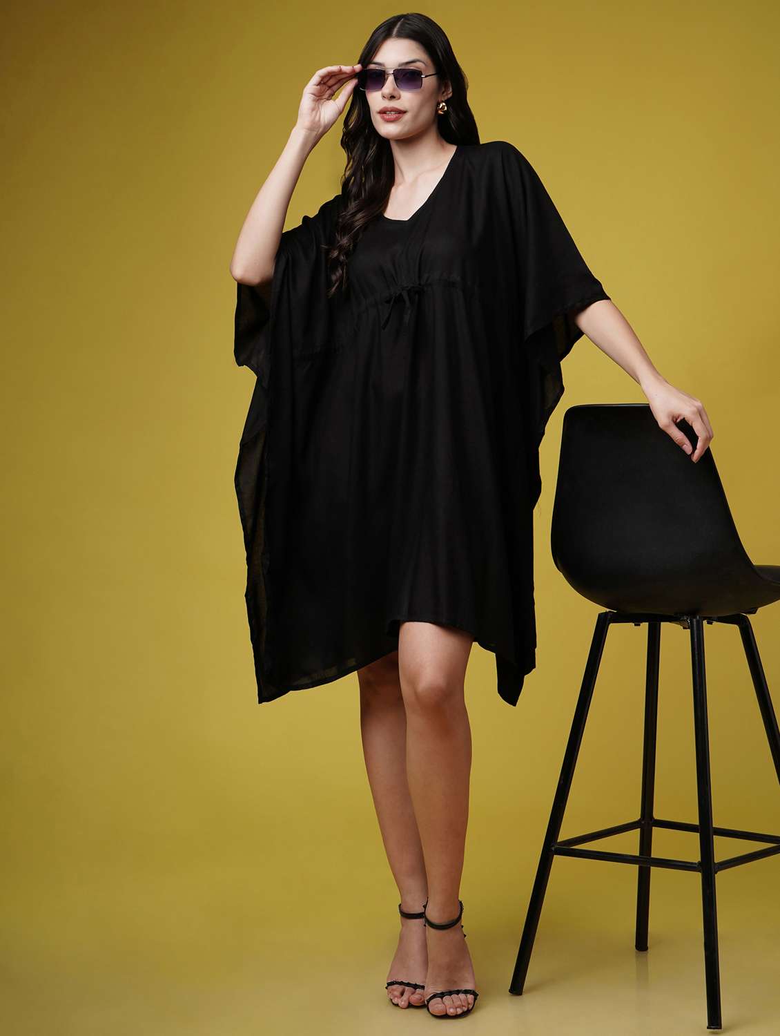 women black solid kimono sleeve kaftan dresses 