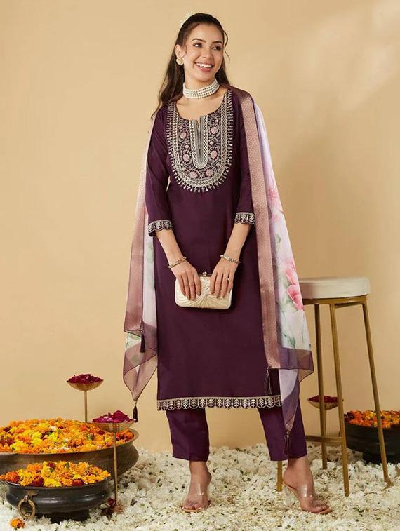 women embroidered three quarter sleeve kurta pant with dupatta set - 22004593 - Standard Image - 1