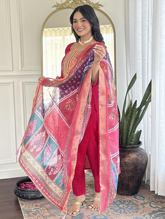 women embroidered three quarter sleeve kurta pant with dupatta set - 22004611 -  Standard Image - 1