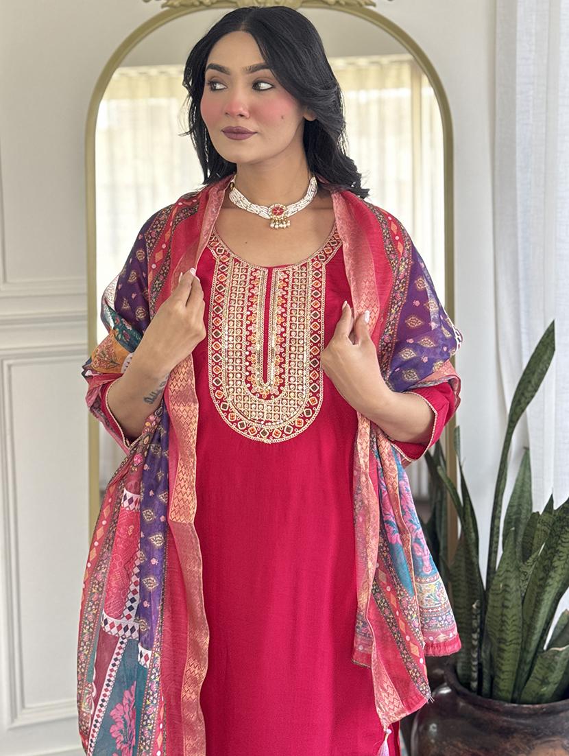 women embroidered three quarter sleeve kurta pant with dupatta set - 22004611 - Standard Image - 4