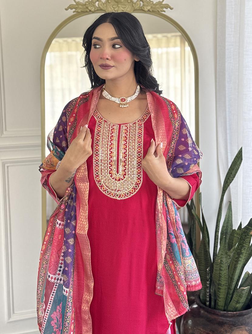 women embroidered three quarter sleeve kurta pant with dupatta set - 22004612 - Standard Image - 4
