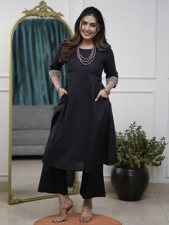 women solid three quarter sleeve a-line kurta - 22004613 - Standard Image - 1