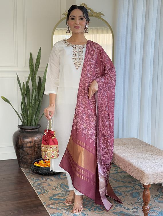 women embroidered three quarter sleeve kurta pant with dupatta set - 22004644 - Standard Image - 1