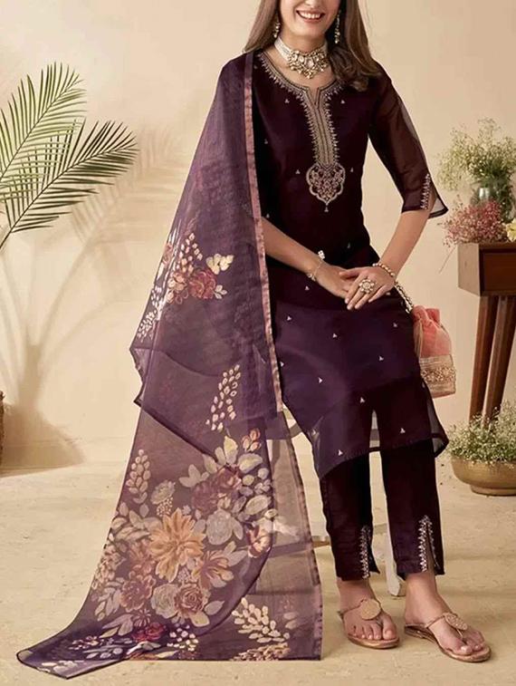 women embroidered three quarter sleeve kurta pant with dupatta set - 22004655 -  Standard Image - 1